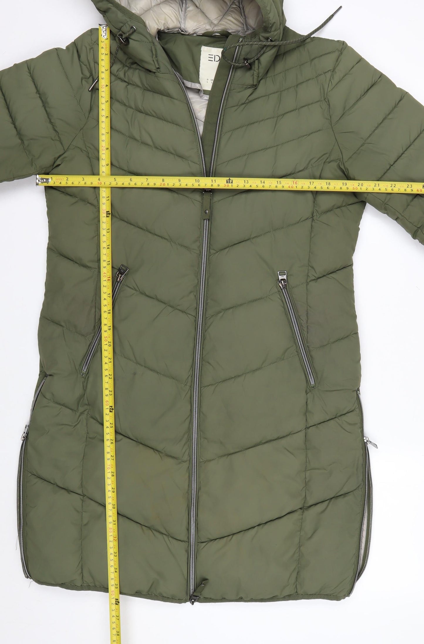 EDC Women's Green Long Hooded Puffer Jacket L Lightweight Quilted Coat