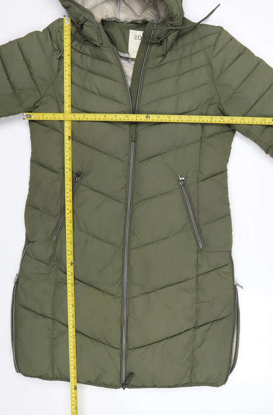 EDC Women's Green Long Hooded Puffer Jacket L Lightweight Quilted Coat