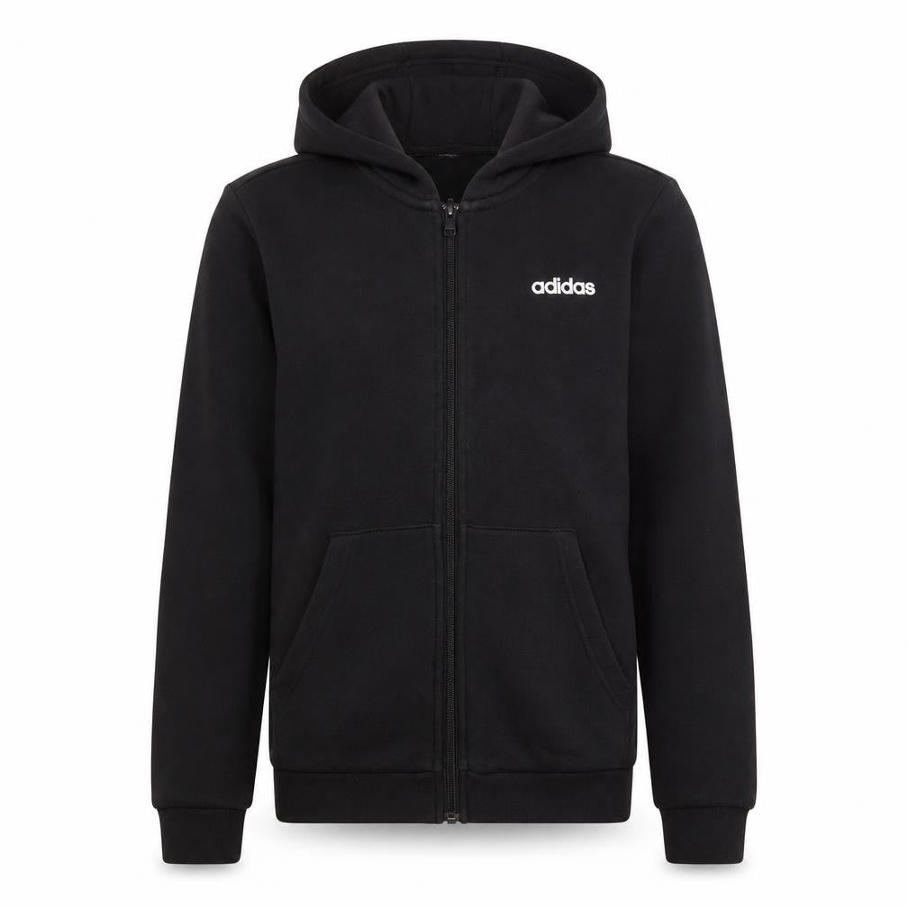 Front view of Adidas boys’ black full zip hoodie, size 11-12, years cotton blend