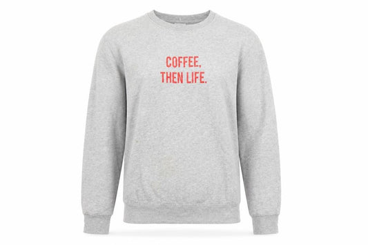 Front view of Rock On Ruby unisex grey l pullover sweatshirt coffee quote