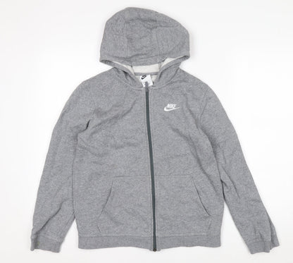 Nike Boys Grey Full Zip Hoodie Size 147-158cm Cotton Blend Sportswear