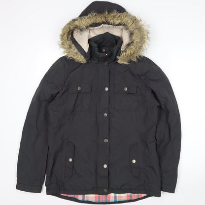Fat Face Women's Black Faux Fur Hooded Parka Jacket Size 12