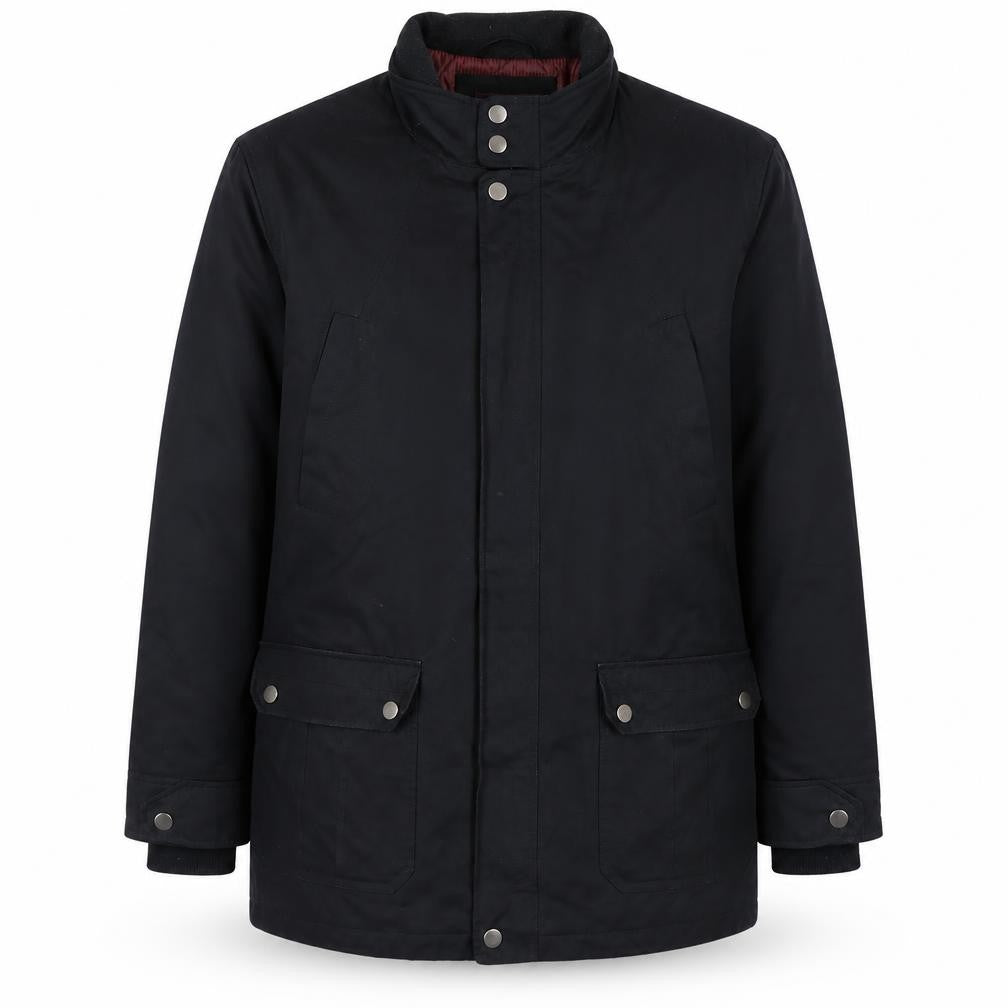 Front view of Thomas Nash Men's Black L Parka Jacket Lined Mid-Length Cotton Blend