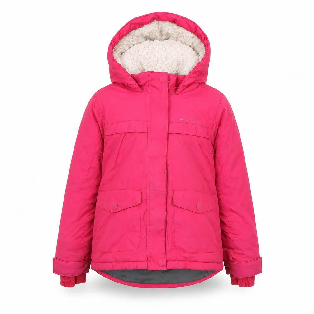 Front view of Mountain Warehouse girls’ pink hooded waterproof fleece lined parka coat 5-6 years