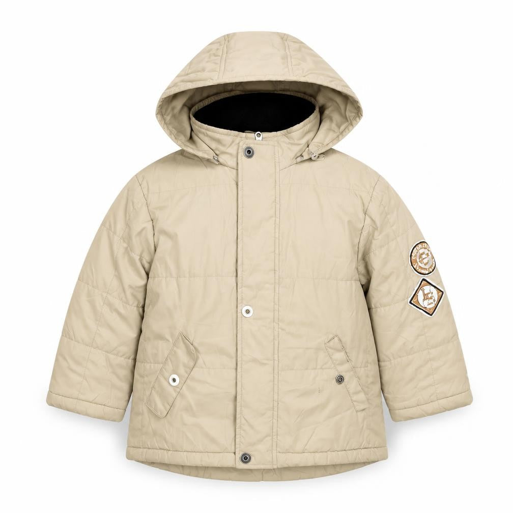 Front view of Level Eleven boys’ beige hooded puffer jacket 4 years lined winter coat