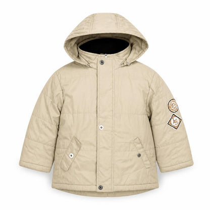 Front view of Level Eleven boys’ beige hooded puffer jacket 4 years lined winter coat