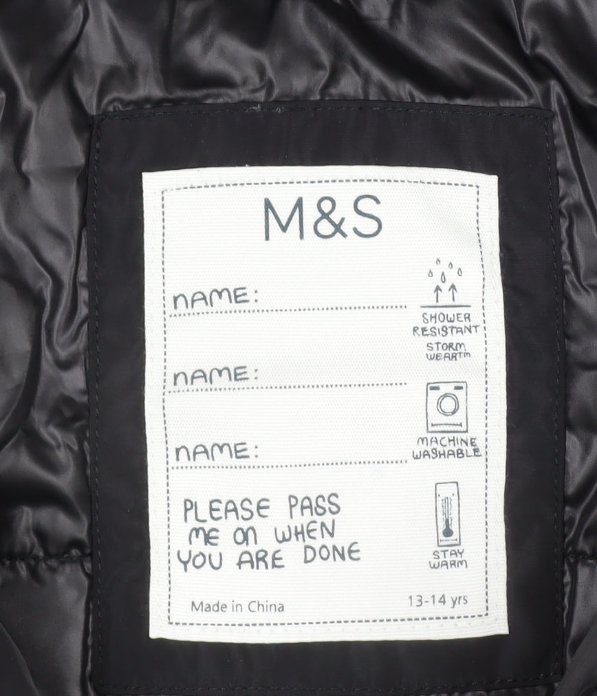 Marks and Spencer Girls Black 13-14 Years Hooded Puffer Coat Winter Jacket