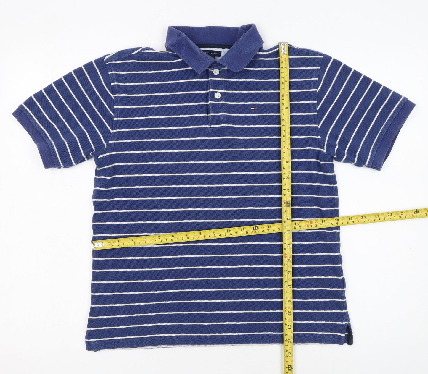 Tommy Hilfiger Boys Blue Striped Cotton Polo Shirt L 12-14 Years