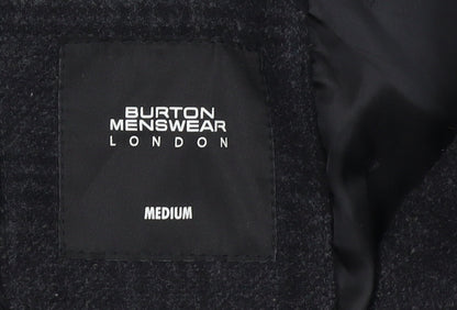 Burton Menswear London Men's Black Wool Blend Check Pea Coat Medium