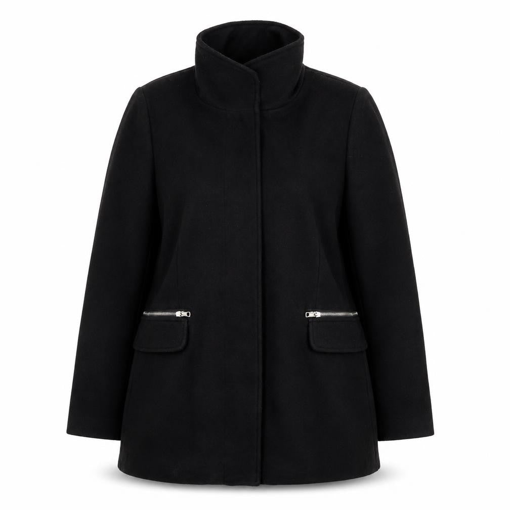 Bershka Women's Black Wool Blend Zip Pocket Mid-Length Coat Size 14
