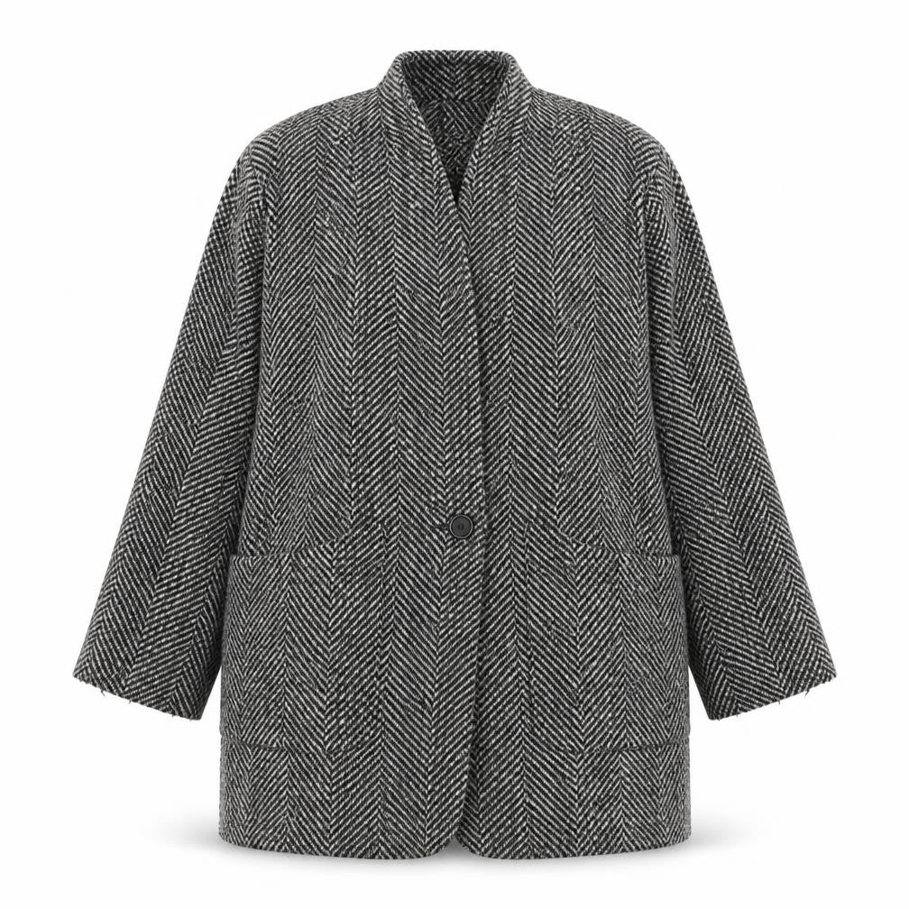 H&M Women Grey Herringbone Wool Blend Mid-Length Coat Size 12