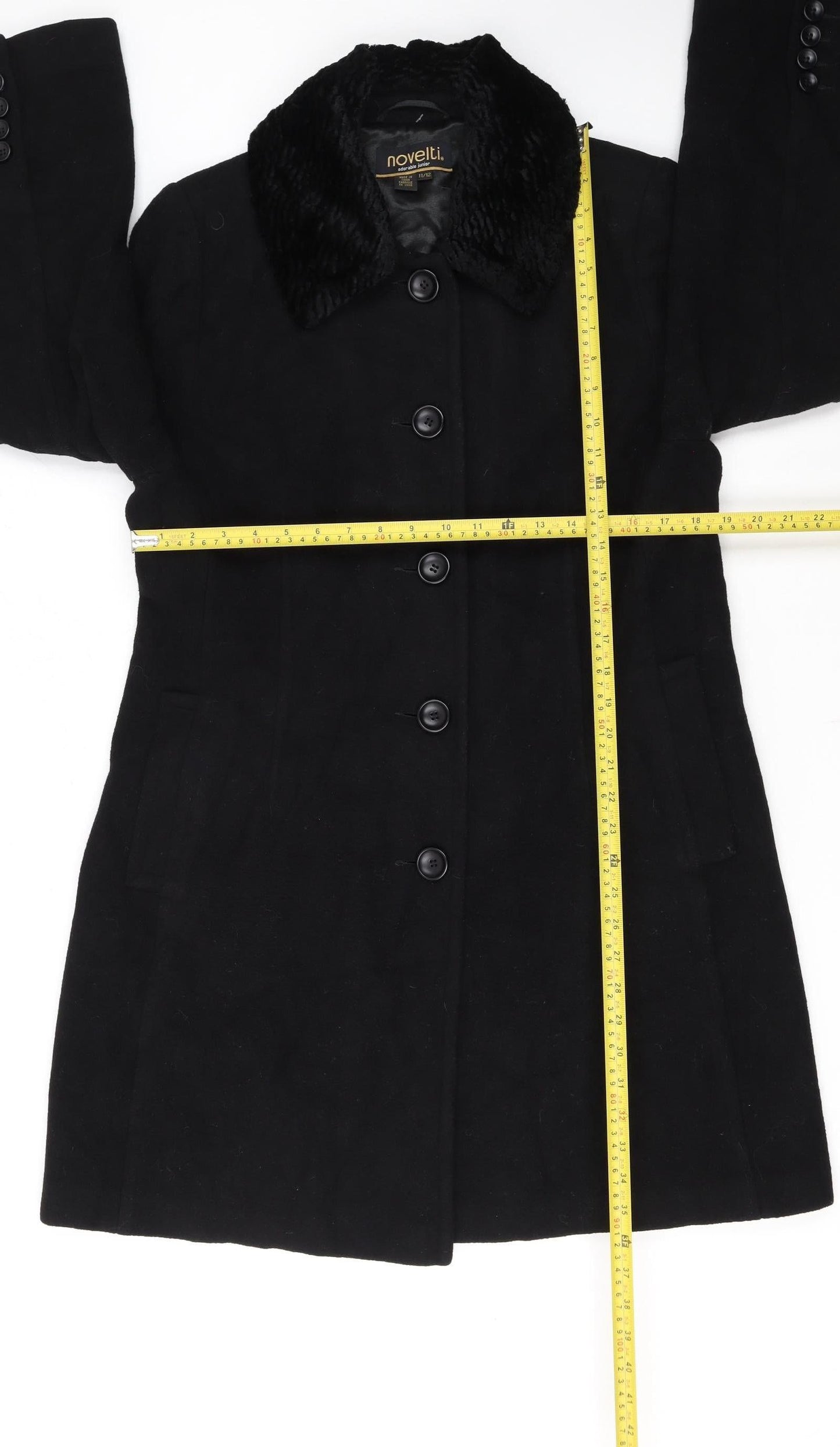 Noveltli Girls Black Wool & Cashmere Mid-Length Coat Age 11/12 Lined Fur Collar