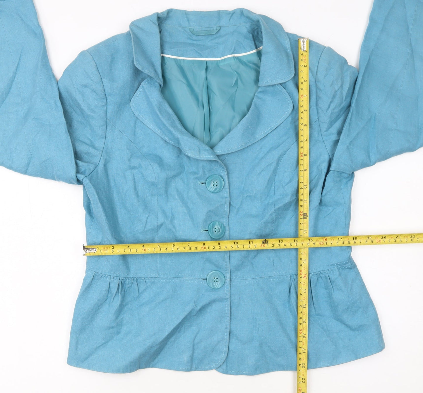 F&F Women Blue Linen Single-Breasted Blazer Jacket Size 16