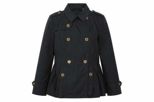 Front view of Anne Weyburn Women's Black Short Trench Coat, size 10, Lined Buttoned