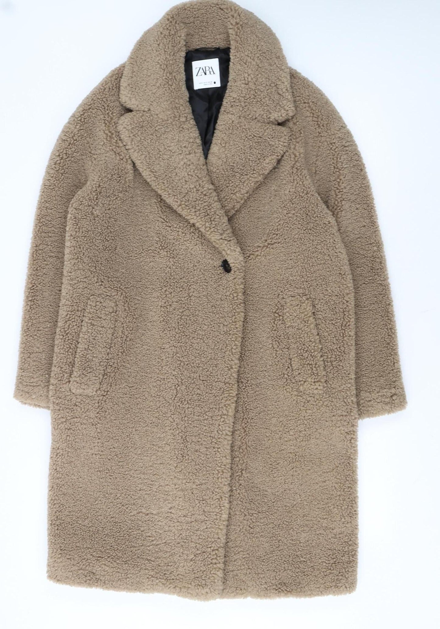 Zara Women Beige Teddy Overcoat Longline Size S Lined Fleece Classic