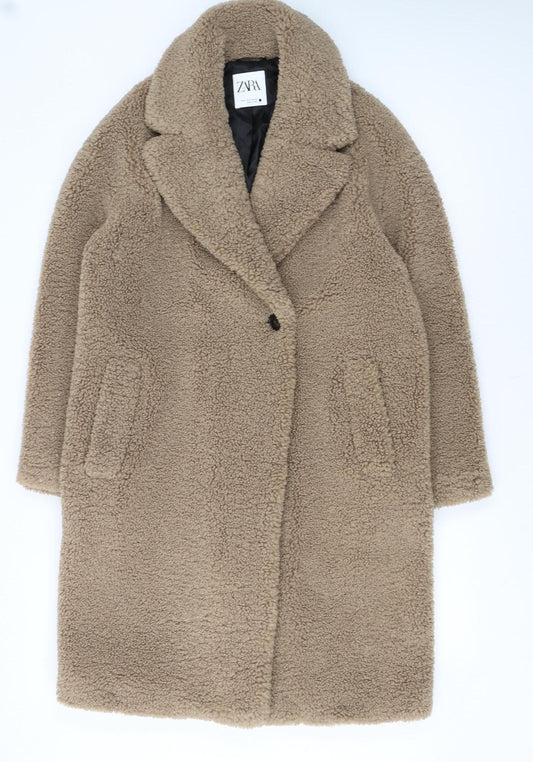 Zara Women Beige Teddy Overcoat Longline Size S Lined Fleece Classic