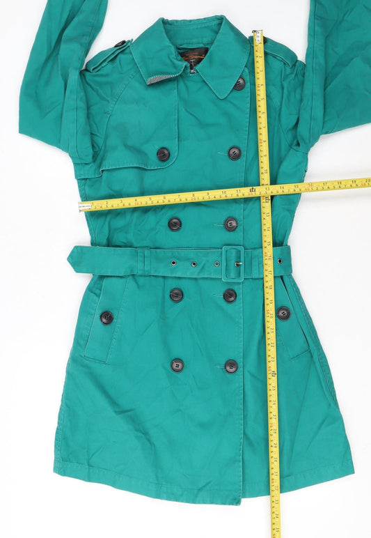 Ben Sherman Women's Green Cotton Trench Coat Size S Belted Classic Style