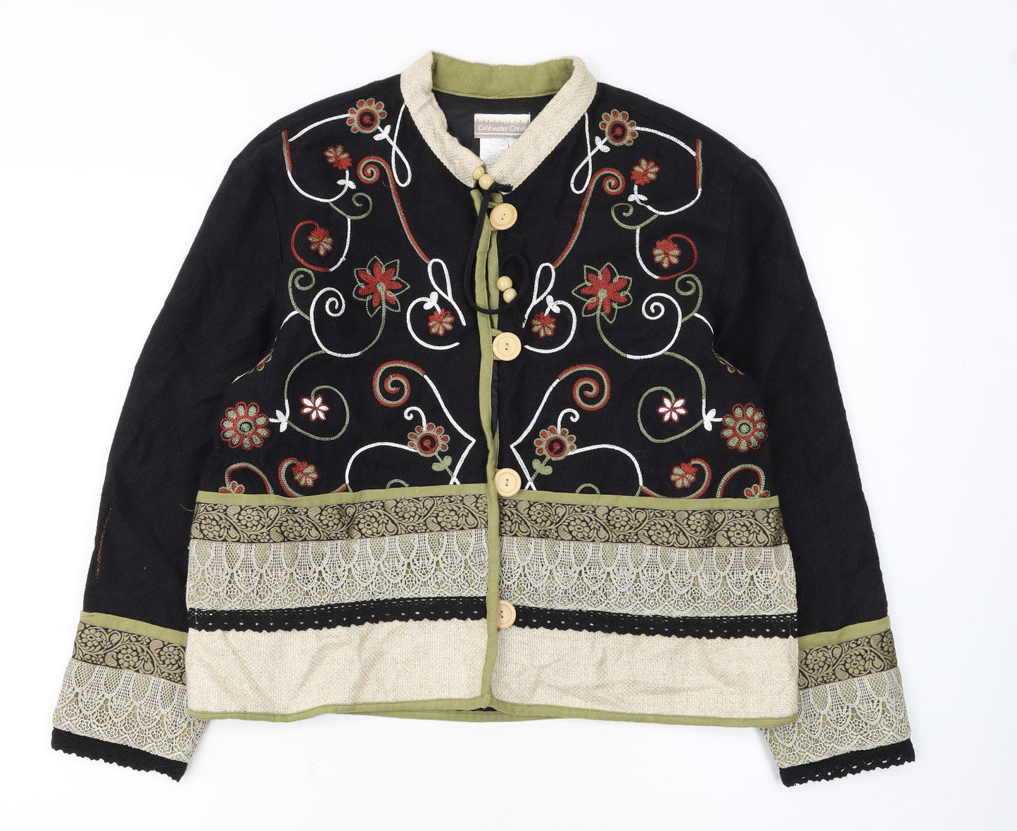 Coldwater Creek Women Black Floral Embroidered Cardigan Medium Linen Blend