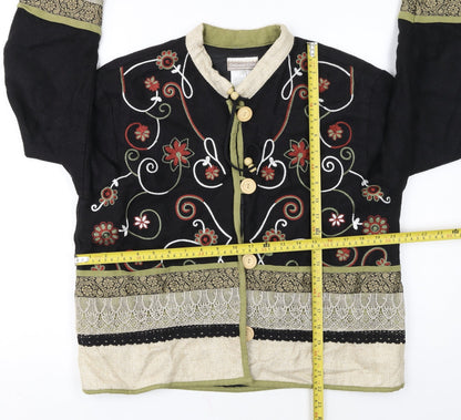 Coldwater Creek Women Black Floral Embroidered Cardigan Medium Linen Blend