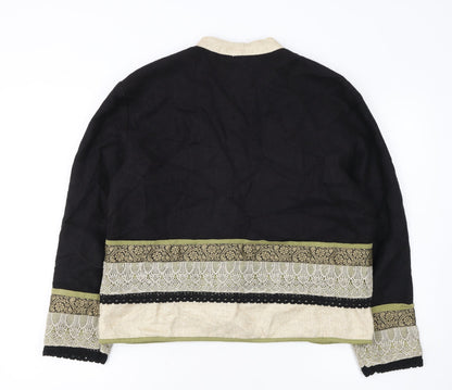 Coldwater Creek Women Black Floral Embroidered Cardigan Medium Linen Blend