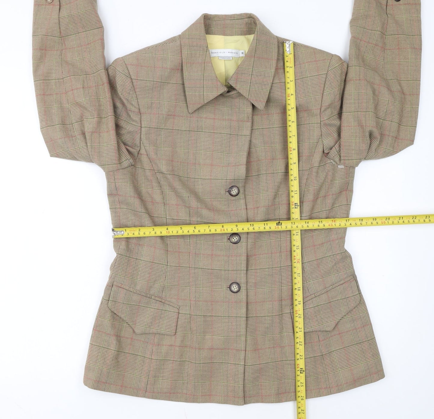 Garfield & Marks Women Brown Check Wool Blend Classic Blazer Size 10