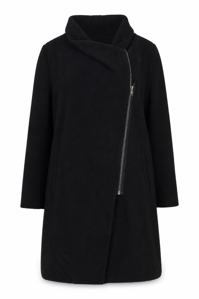 H&M Divided Women's Black Wool Blend Long Zip Coat Size 14