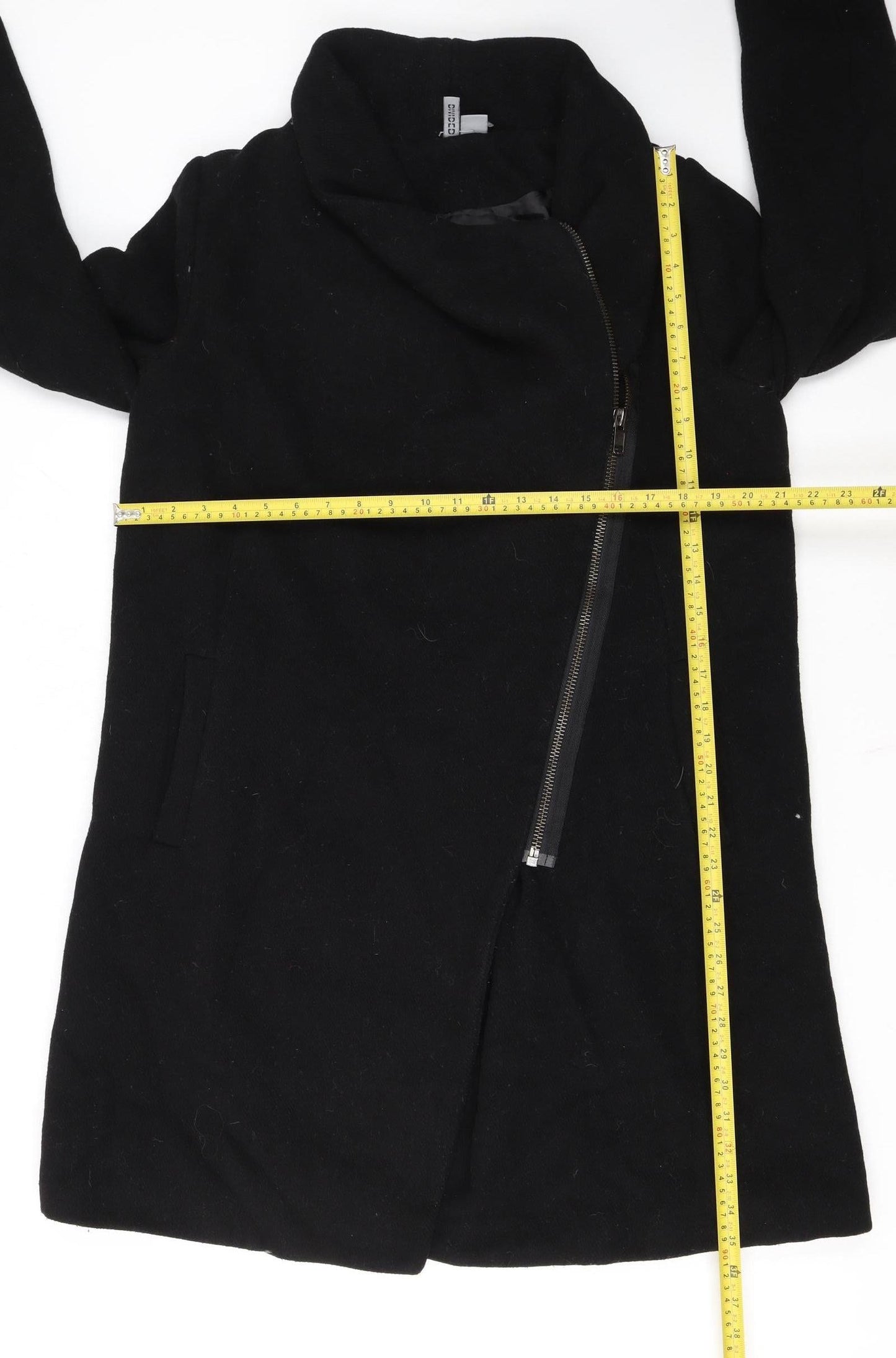 H&M Divided Women's Black Wool Blend Long Zip Coat Size 14