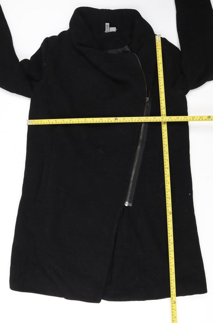 H&M Divided Women's Black Wool Blend Long Zip Coat Size 14