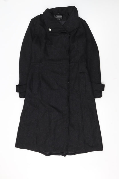 HAODUOYI Women's Black Wool Blend Long Trench Coat Size 8