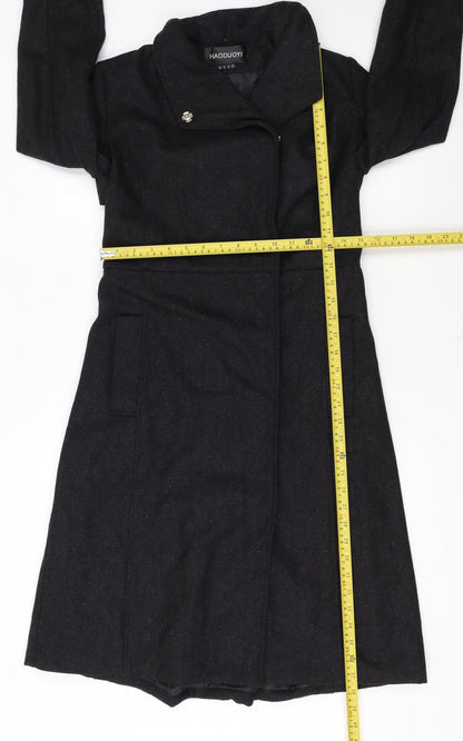 HAODUOYI Women's Black Wool Blend Long Trench Coat Size 8