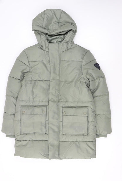 Marks and Spencer Boys Green Puffer Jacket 9-10 Years Hooded Mid-Length
