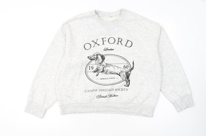 H&M Women Grey Oxford Dog Print Pullover Sweatshirt M