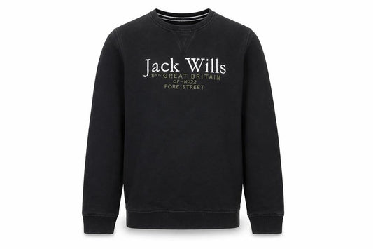 Front view of Jack Wills boys’ black crew neck pullover sweatshirt 12-13 years
