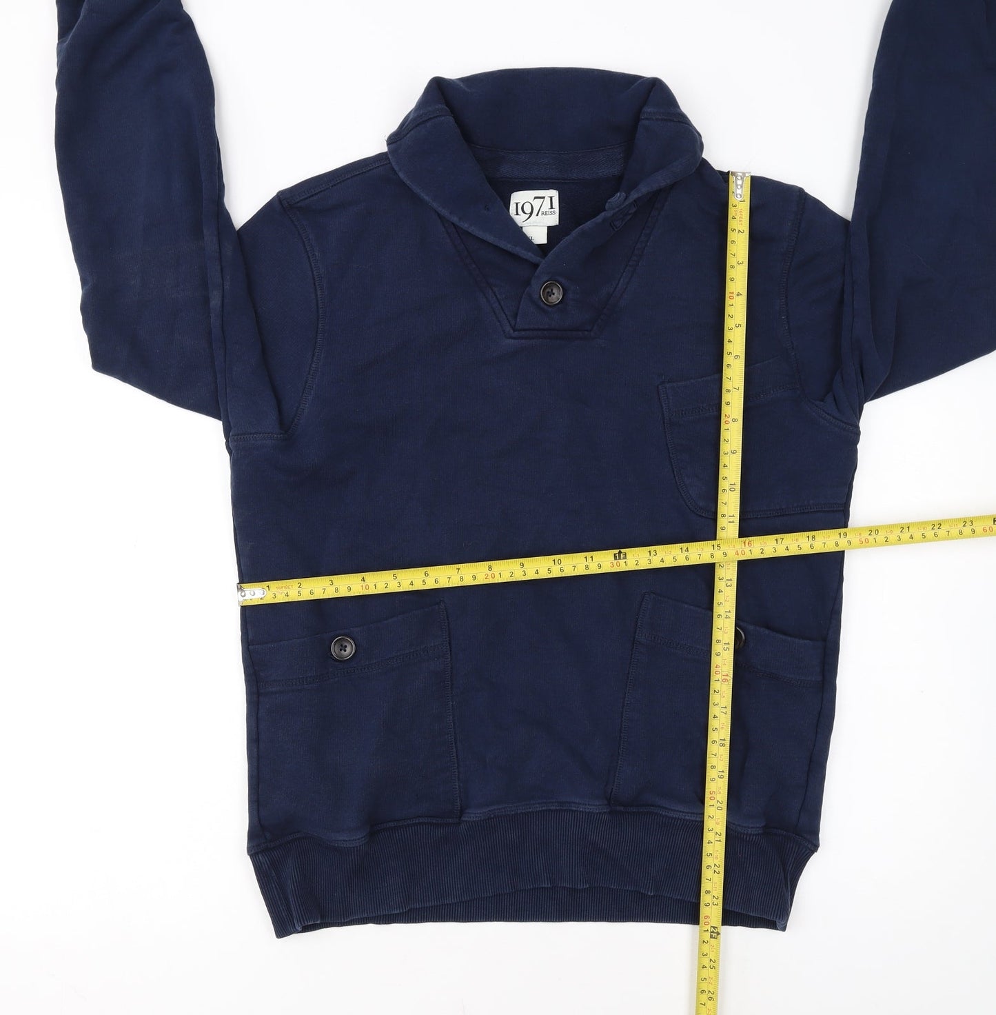 Reiss 1971 Men’s Blue Henley Sweatshirt XL Cotton Button Pocket