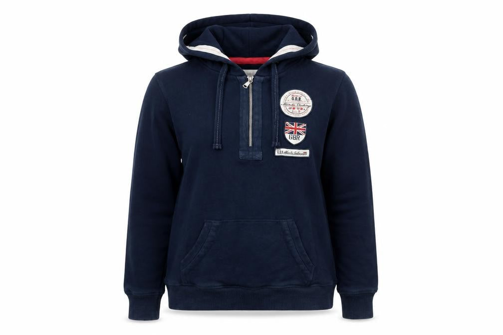 Front view of Crew Clothing Women Navy Blue Half Zip Hoodie, size 12, GBR Edition
