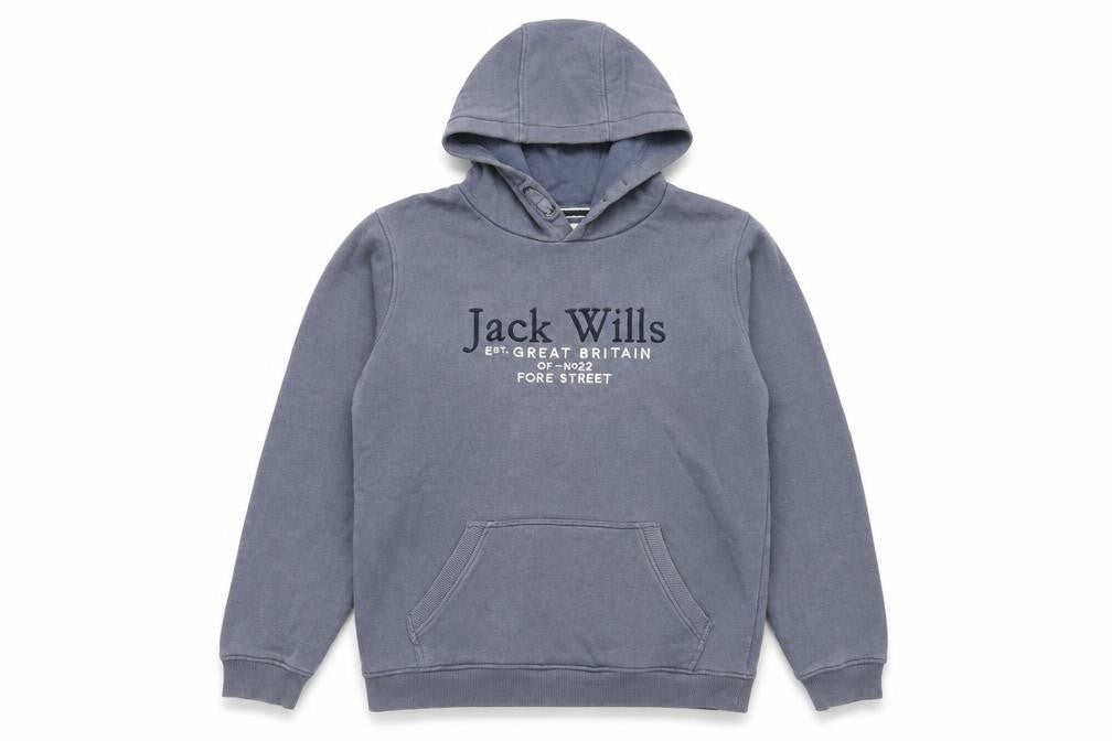 Front view of Jack Wills boys’ blue pullover hoodie 15-16 years logo graphic cotton blend