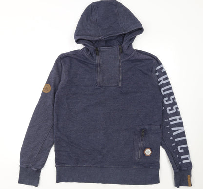 Crosshatch Men's Blue Pullover Hoodie Size M High Neck Zip Pocket Sweatshirt