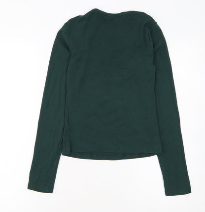 Bershka Women's Green Long Sleeve Basic Stretch Jersey Top M