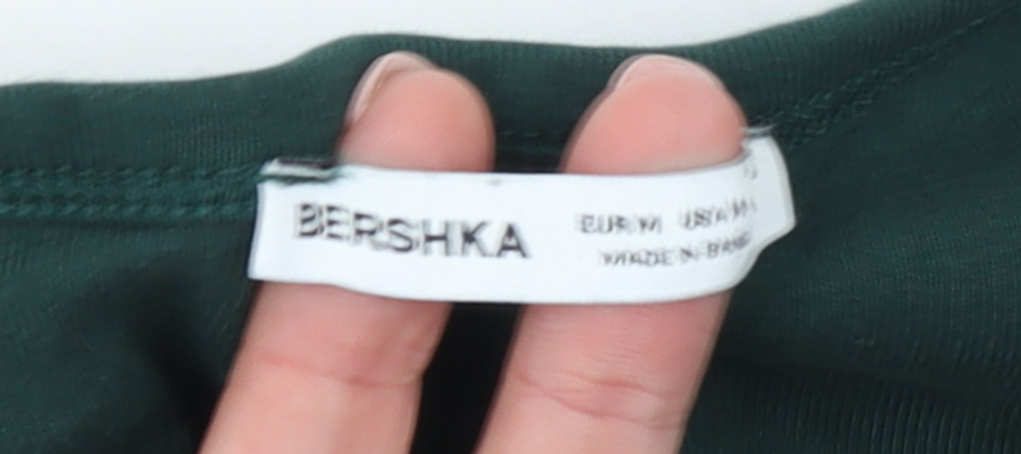Bershka Women's Green Long Sleeve Basic Stretch Jersey Top M