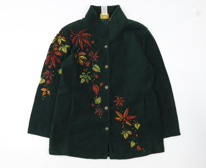 Bob Mackie Women Green Embroidered Floral Fleece Jacket M