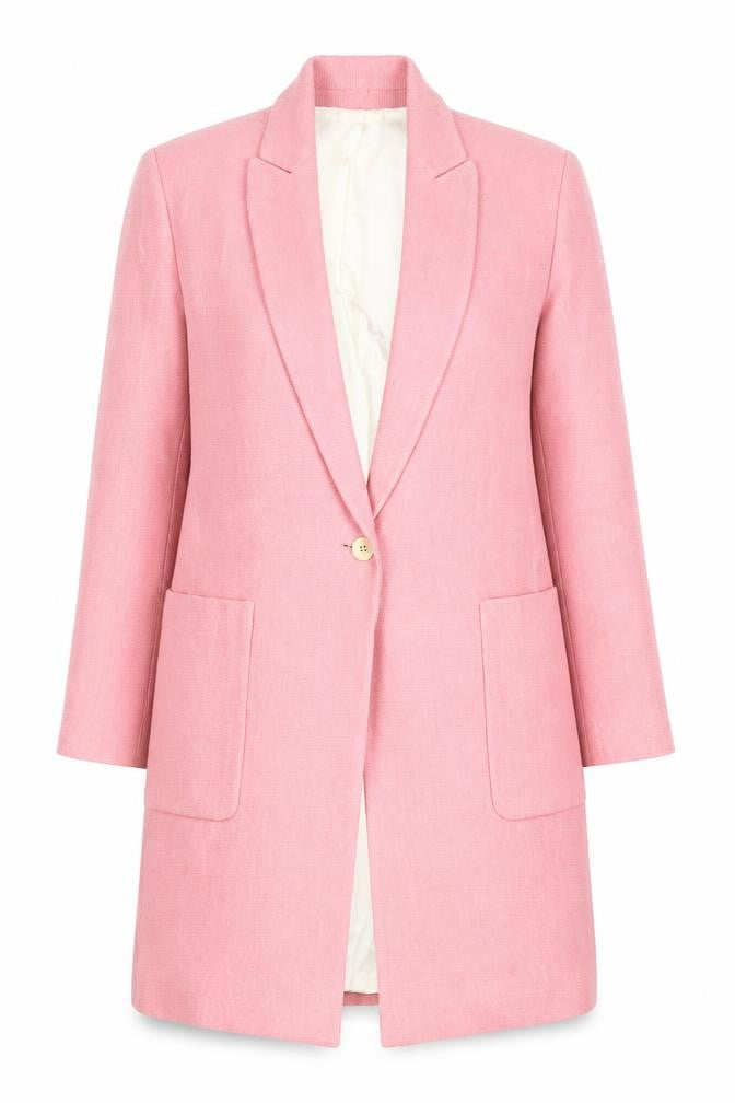 Zara Basic Women Pink Long Blazer Coat XS Linen Blend Lined