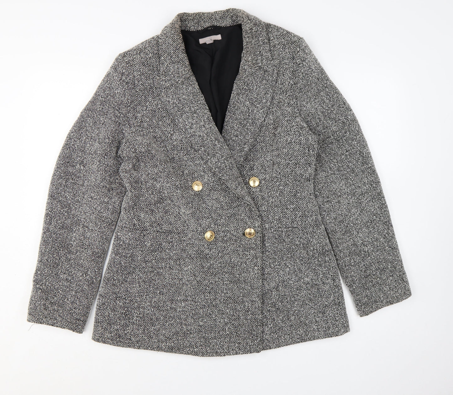 H&M Women Grey Double-Breasted Blazer Gold Buttons Size S