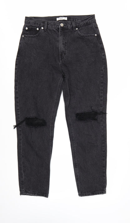 Pull&Bear Womens Black Distressed High Rise Mom Jeans Size 12