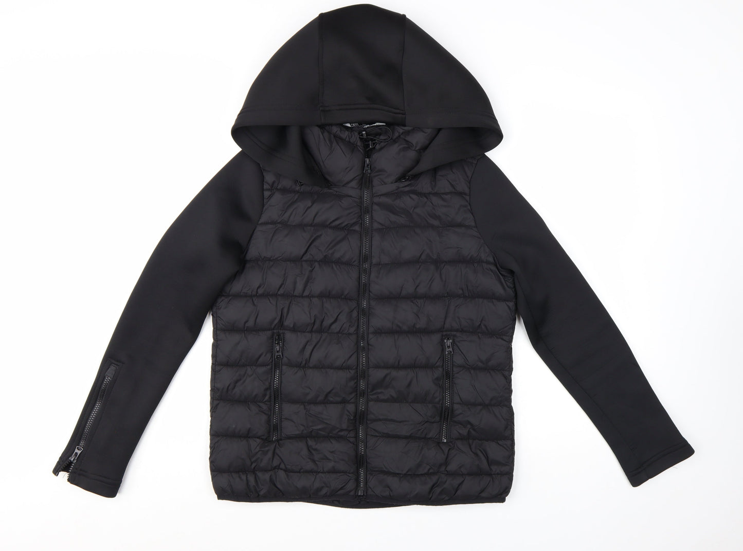 Zara Women's Black Puffer Jacket Hooded Size 8 Quilted Softshell