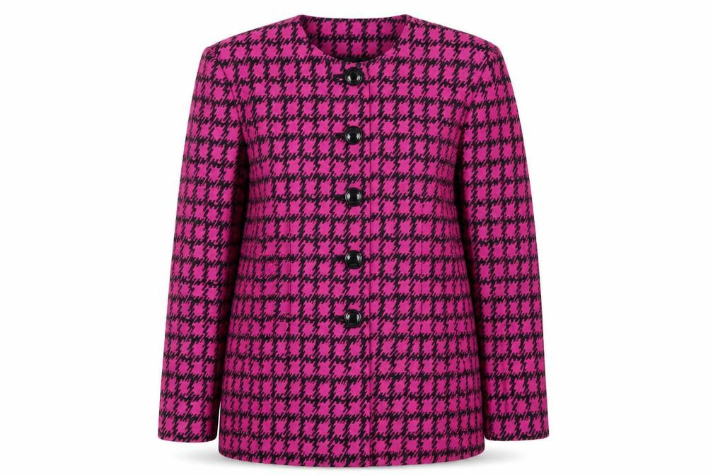 Jaeger Womens Pink Houndstooth Single-Breasted Suit Jacket Size 14