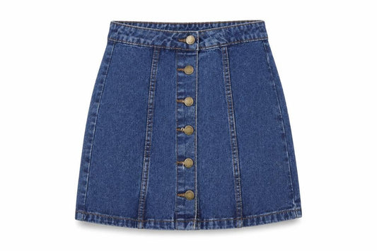Front view of Denim Co. Women Blue Denim Short A-Line Button Skirt, size 6