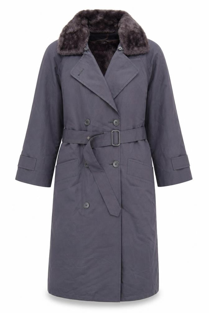 London Fog Women's Grey Petite 8 Long Belted Trench Coat with Faux Fur Collar