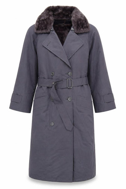 London Fog Women's Grey Petite 8 Long Belted Trench Coat with Faux Fur Collar