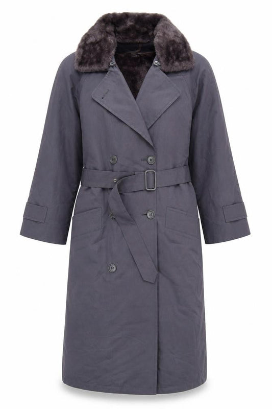 London Fog Women's Grey Petite 8 Long Belted Trench Coat with Faux Fur Collar