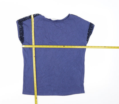 Nine by Savannah Miller Women's Blue Sequin Shoulder Cotton T-Shirt Size 8